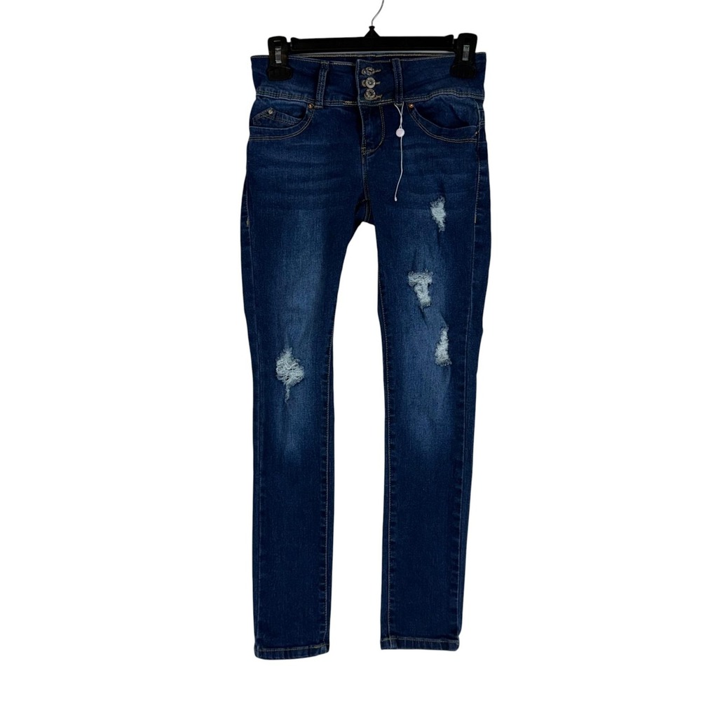 YMI WannaBettaFit Skinny Jeans Womens 14 Blue Mid Rise Distressed Stretch Denim